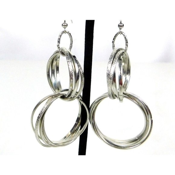 Multi Circle-Link Interlocking Hoops Polished Textured Dangled Pierced Earrings - Picture 5 of 8